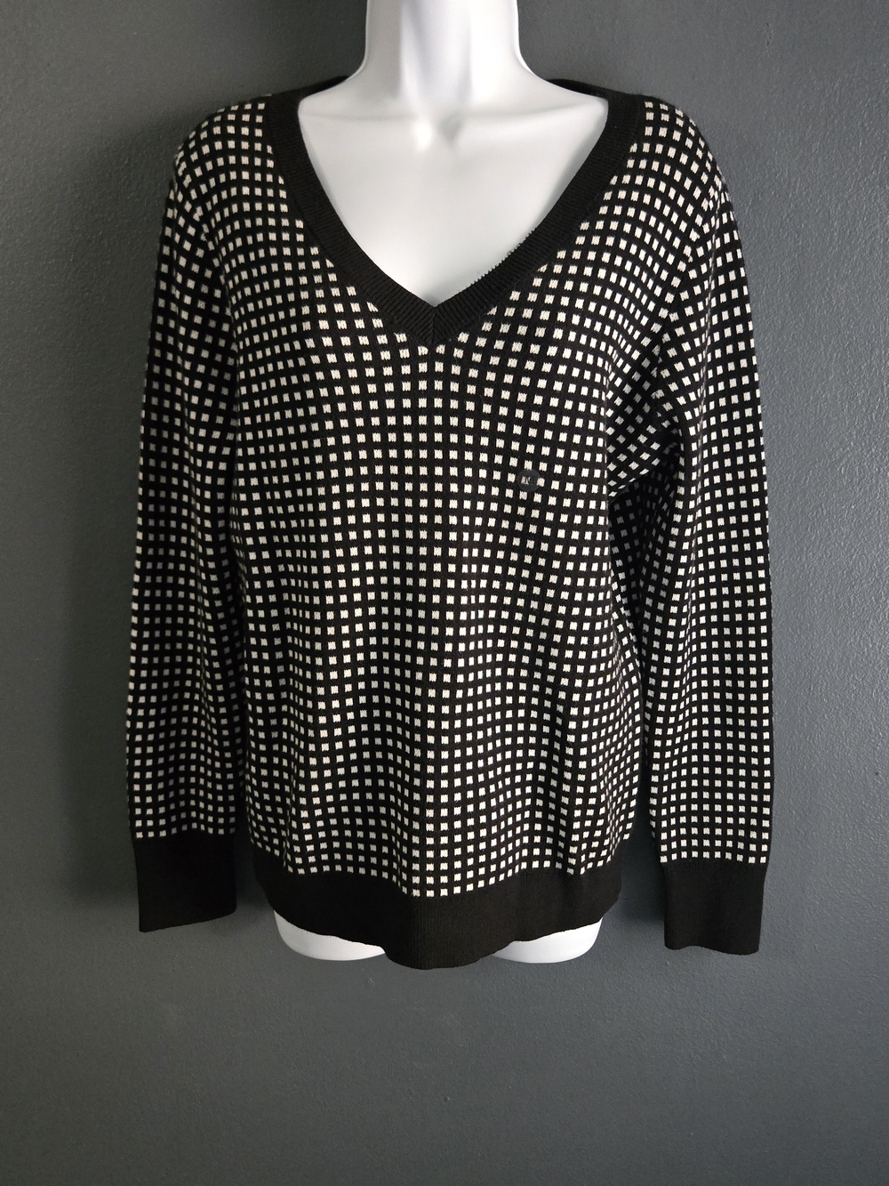 Worthington V-neck Grid Pattern Pullover Sweater 90s Minimalist Officecore M